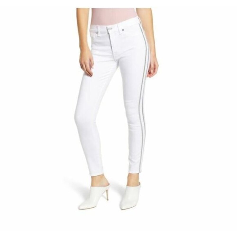 7 For All Mankind High Rise Skinny Glitter Side Stripe White Jean SZ 26 NWT $219